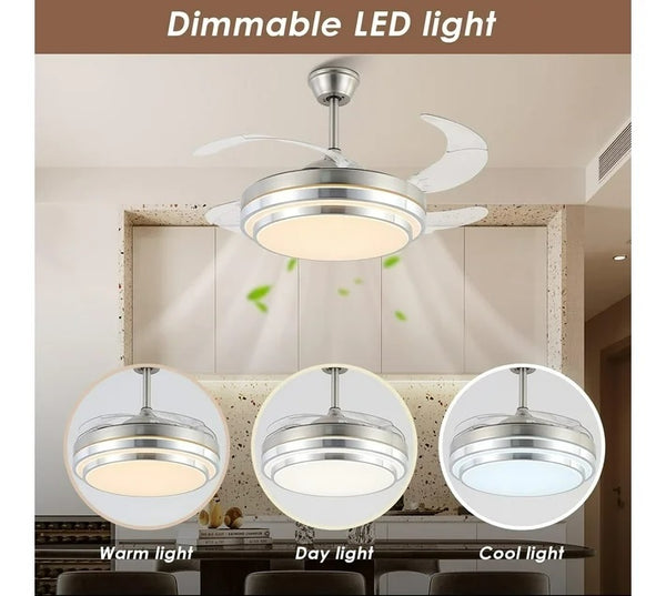 Modern Retractable Ceiling Fan Light Double Aluminum-Silver