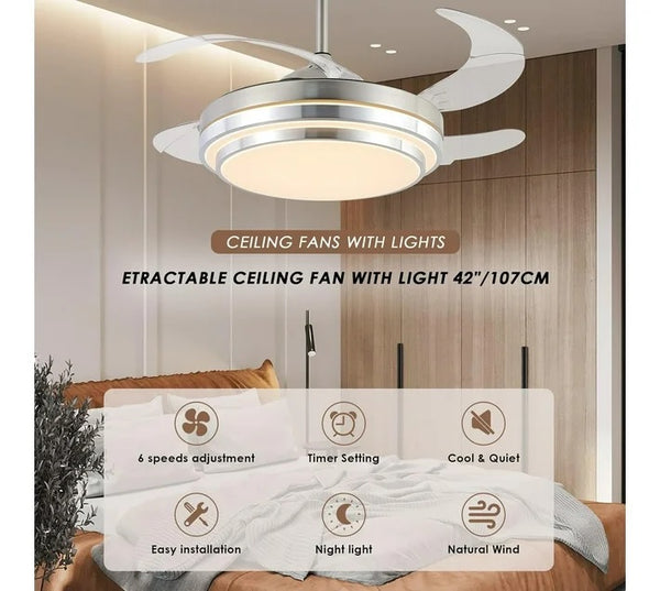 Modern Retractable Ceiling Fan Light Double Aluminum-Silver