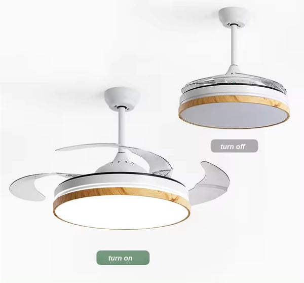 Modern Retractable White + Wood Style Ceiling Fan Lights-MRUL