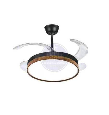 Modern Retractable Black + Wood Style Ceiling Fan Lights-MRUL