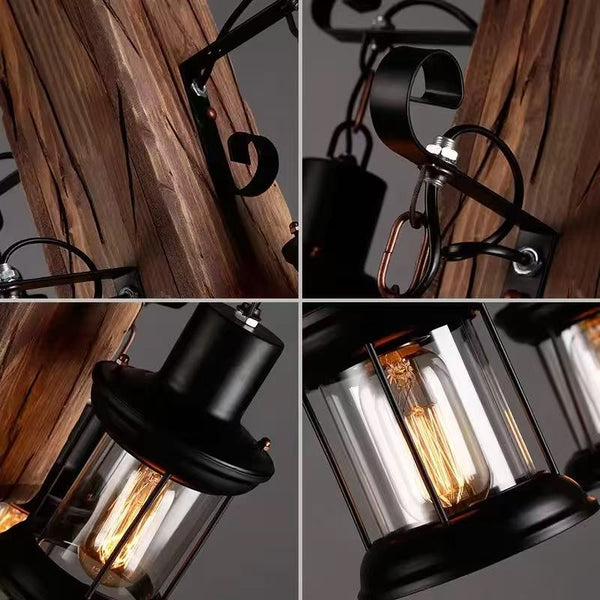 6-Lights Rustic Wooden Beam Chandelier with Vintage Lantern Lights