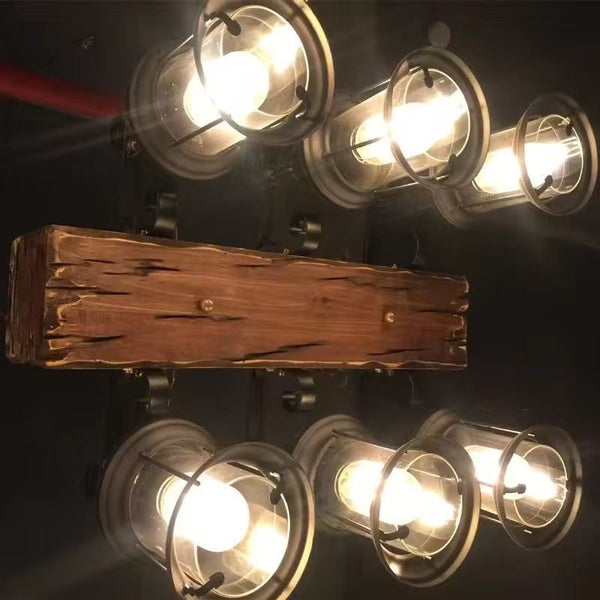 6-Lights Rustic Wooden Beam Chandelier with Vintage Lantern Lights