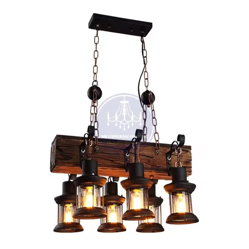 6-Lights Rustic Wooden Beam Chandelier with Vintage Lantern Lights