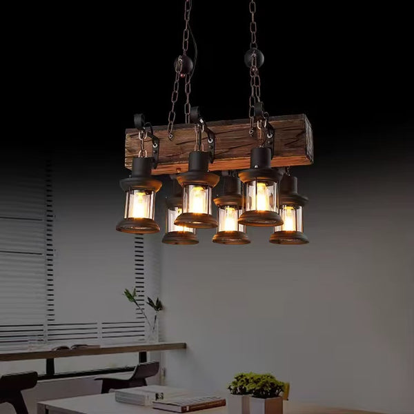 6-Lights Rustic Wooden Beam Chandelier with Vintage Lantern Lights