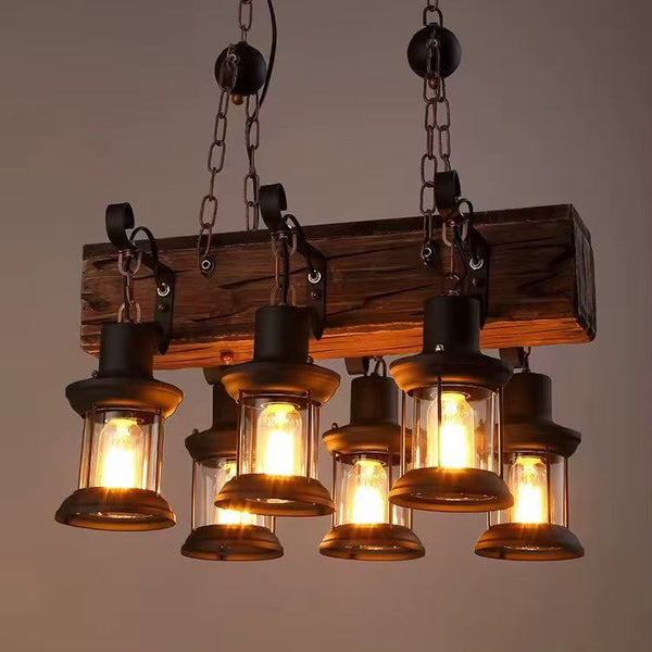 6-Lights Rustic Wooden Beam Chandelier with Vintage Lantern Lights