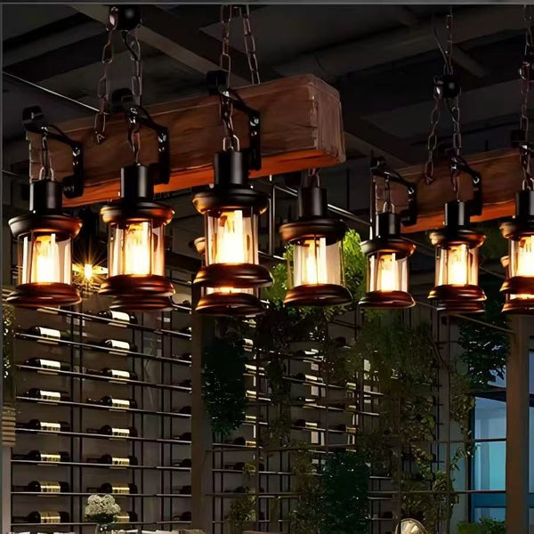 6-Lights Rustic Wooden Beam Chandelier with Vintage Lantern Lights