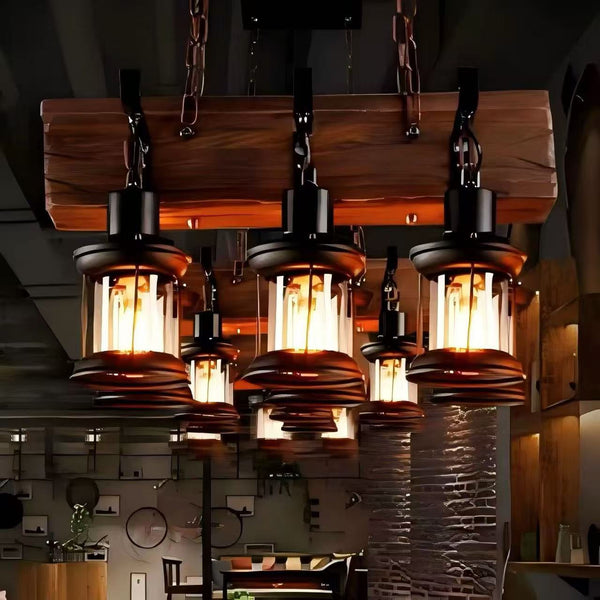 6-Lights Rustic Wooden Beam Chandelier with Vintage Lantern Lights