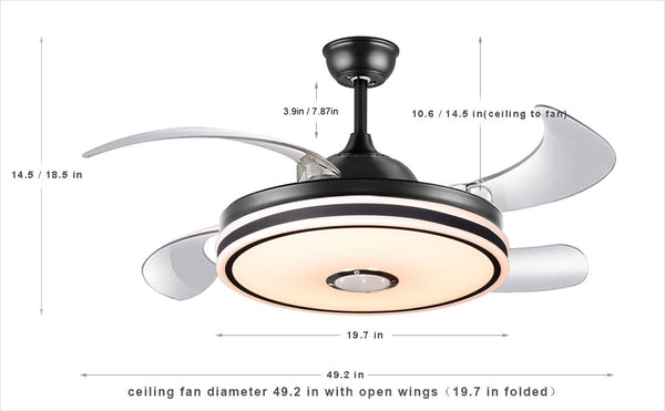 Retractable Modern Ceiling Fan Light with Bluetooth Speaker-Black