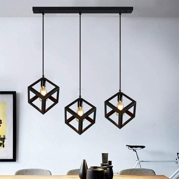 3-Lights Linear Cluster Black Geometric Cube Pendant Lamp