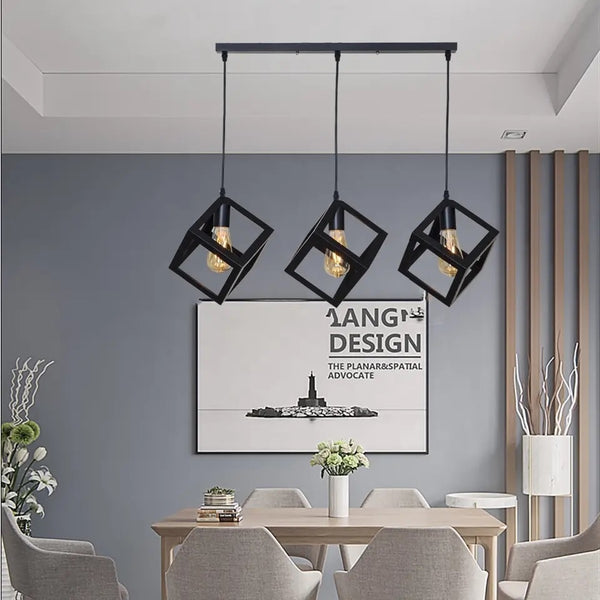 3-Lights Linear Cluster Black Geometric Cube Pendant Lamp