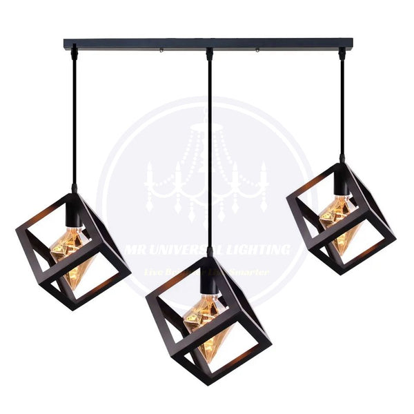 3-Lights Linear Cluster Black Geometric Cube Pendant Lamp