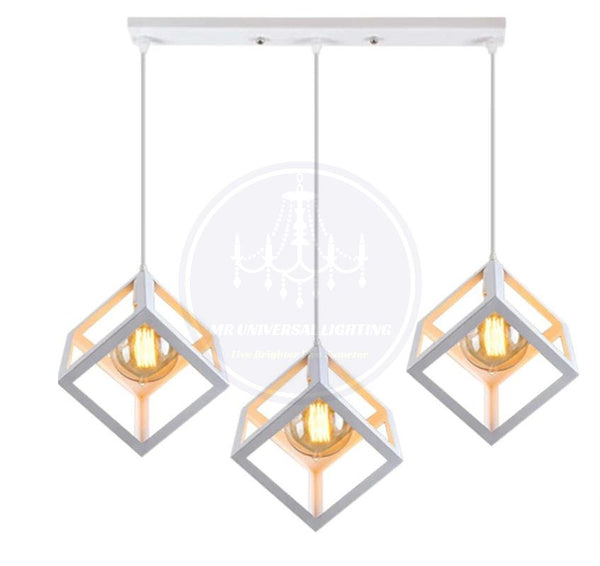 3-Lights Linear Cluster White Geometric Cube Pendant Lamp