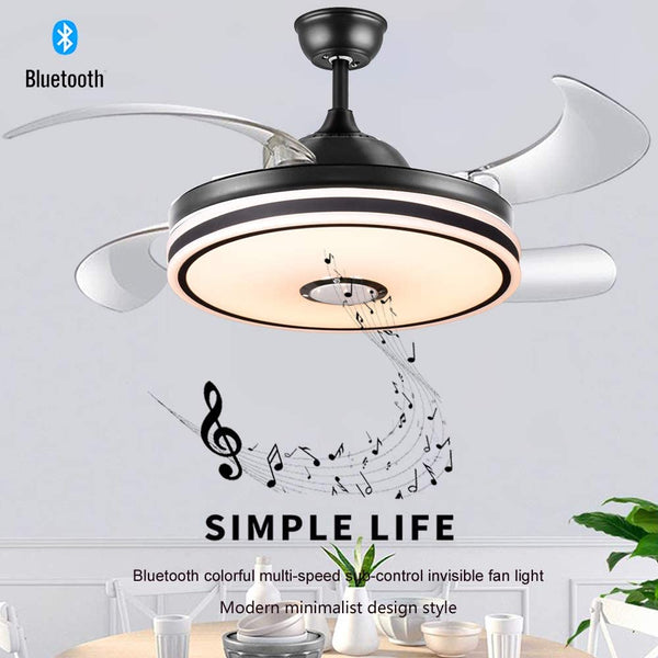 Retractable Modern Ceiling Fan Light with Bluetooth Speaker-Black