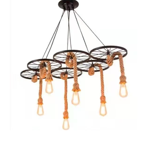 Retro Hemp Rope + Wheel  Pendant Lights  - 6 Lights