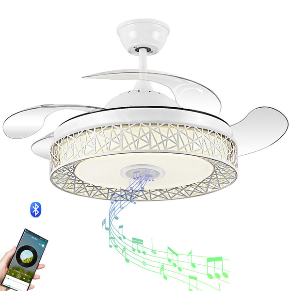 Retractable Ceiling Fan Light With Bluetooth Speaker - White