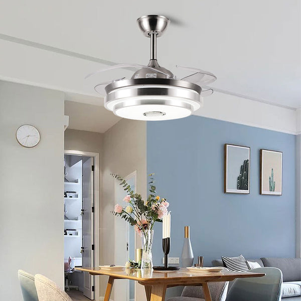 Modern Retractable  Ceiling Fan Light with Speaker- Double Aluminum