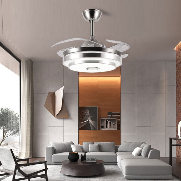 Modern Retractable  Ceiling Fan Light with Speaker- Double Aluminum