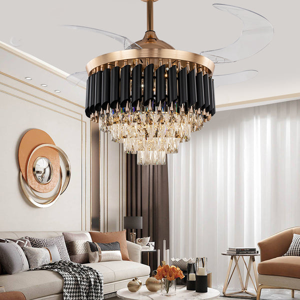 Nordic Modern Crystal LED Ceiling Fan Light Black + Gold