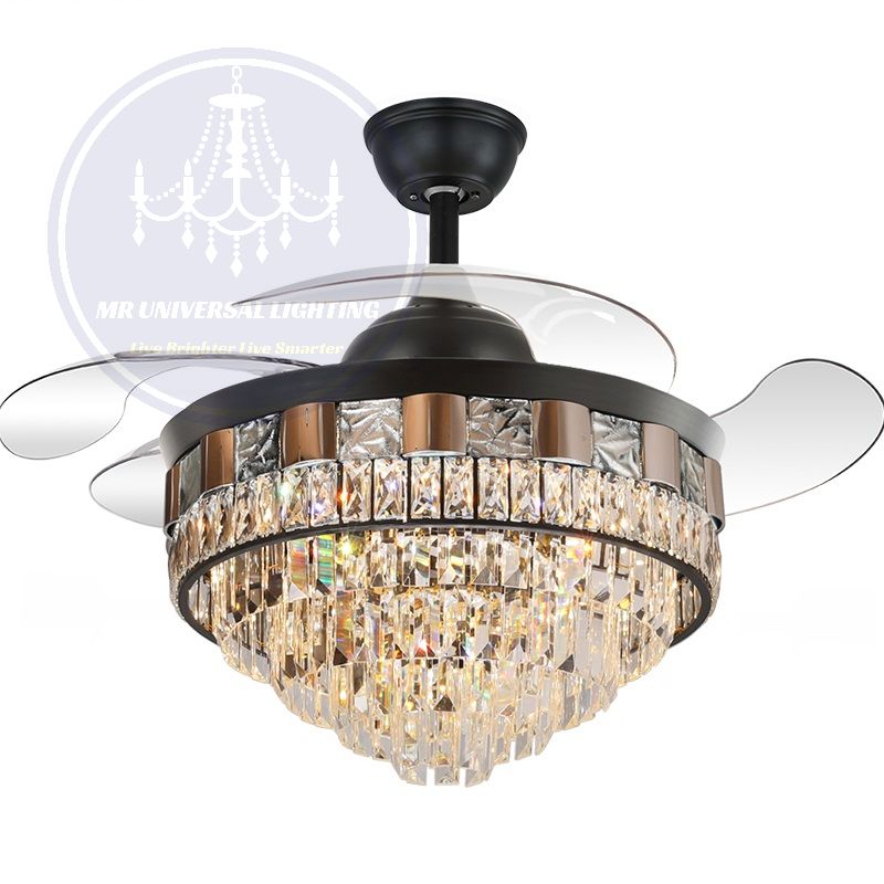 Crystal Chandelier Retractable Fan Light Gold