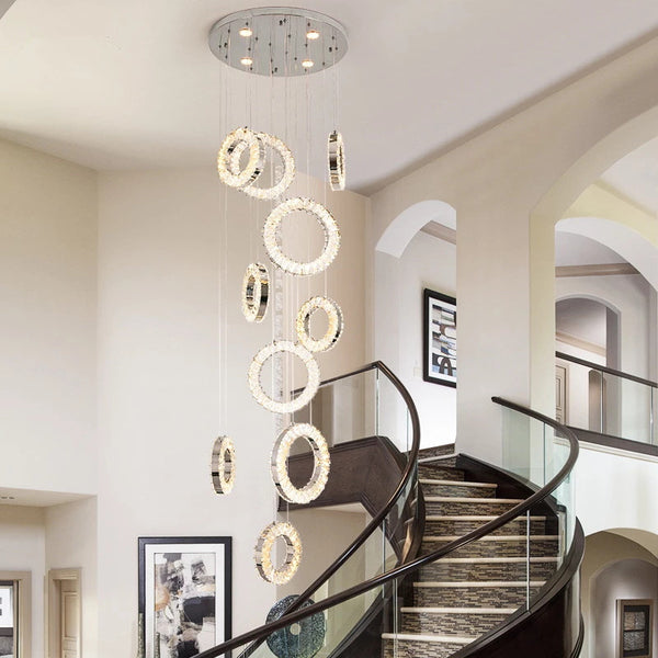 Stairs Lighting Chrome Finish Long Crystal LED Chandelier