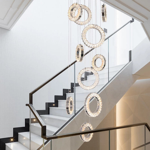 Stairs Lighting Chrome Finish Long Crystal LED Chandelier