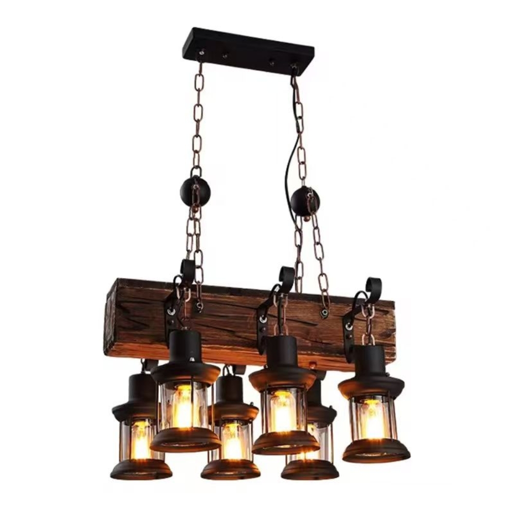 6-Lights Rustic Wooden Beam Chandelier with Vintage Lantern Lights