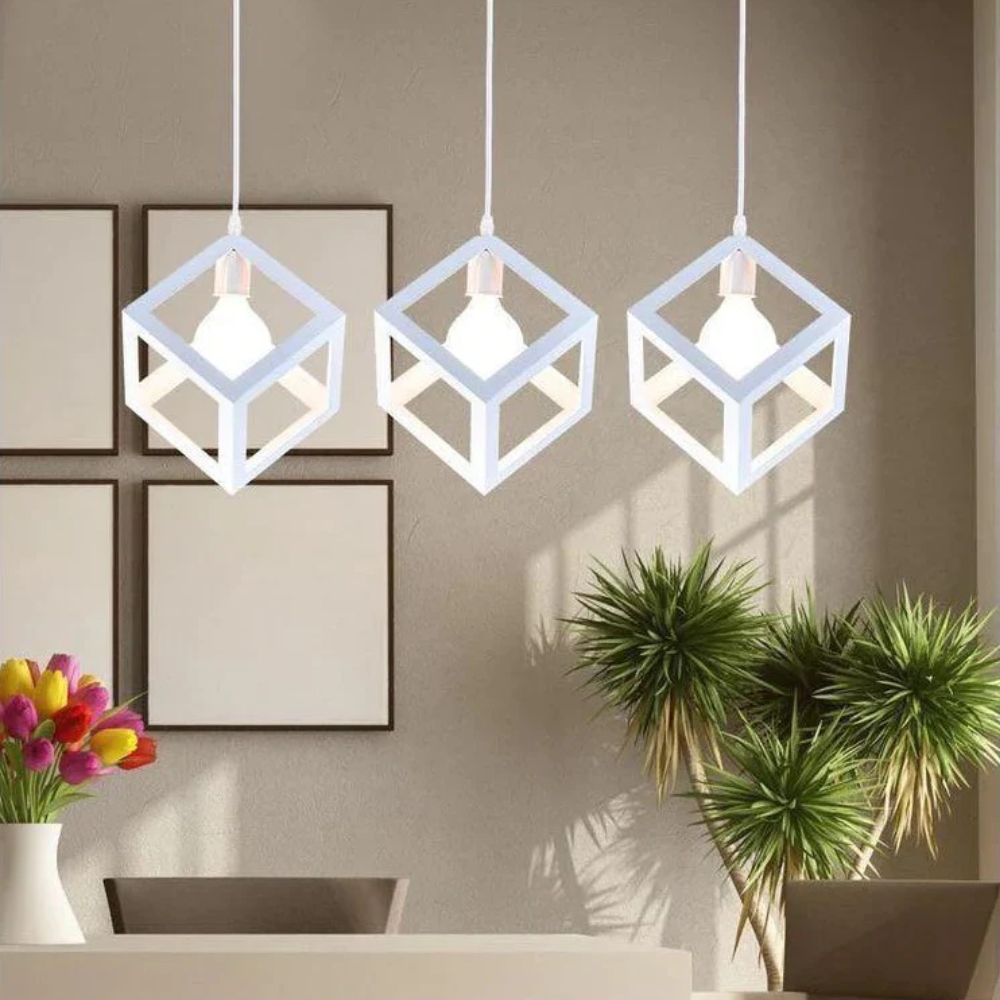 White geometric pendant light in a stylish living room