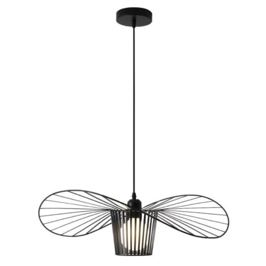 Black Nordic straw hat pendant lamp with geometric metal design