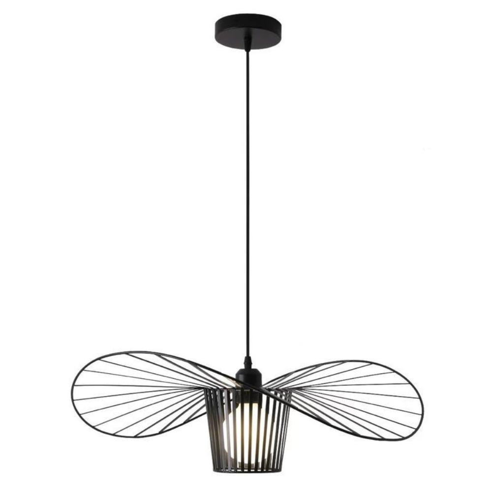Black Nordic straw hat pendant lamp with geometric metal design