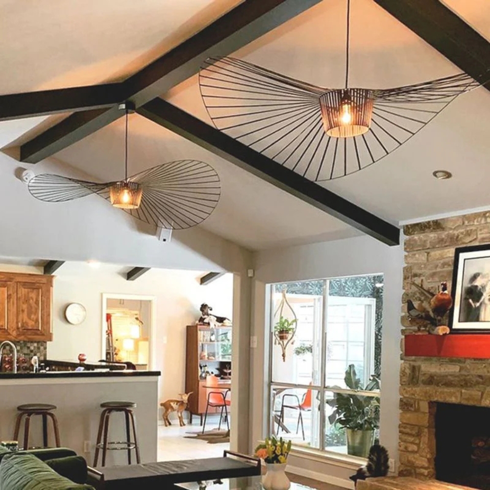 Pendant lamp illuminating a contemporary living room with neutral tones