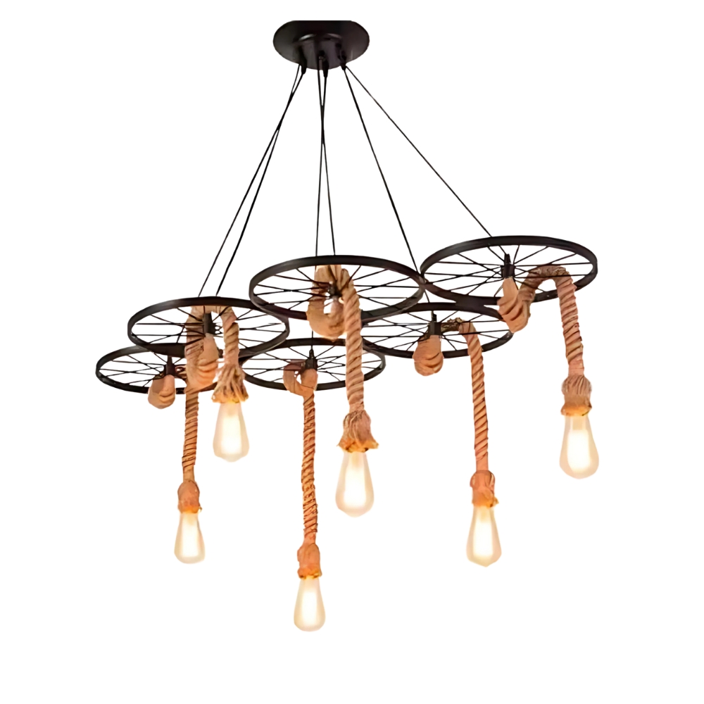 Retro Hemp Rope + Wheel Pendant Lights - 6 Lights