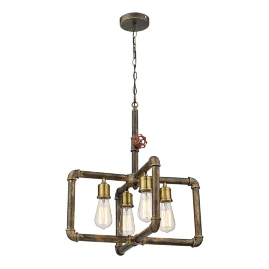 Vintage metal pipe-style pendant light with four Edison bulb fittings, ideal for kitchens, dining areas, and commercial interiors.