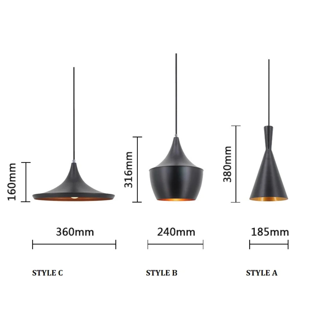 Mr. Universal Lighting vintage pendant lamps Style A, B, and C in black and gold with labelled dimensions.