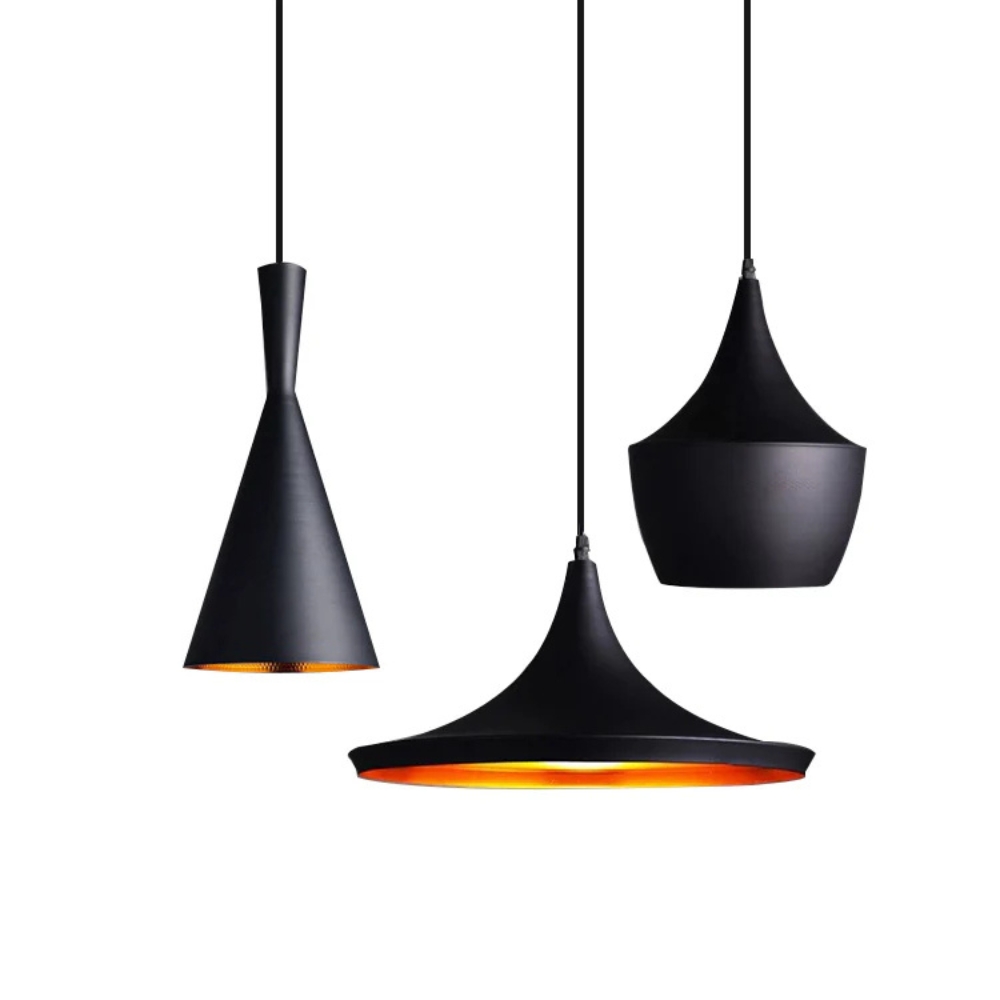Set of three vintage pendant lamps in black and gold – Styles A, B, and C by Mr. Universal Lighting.