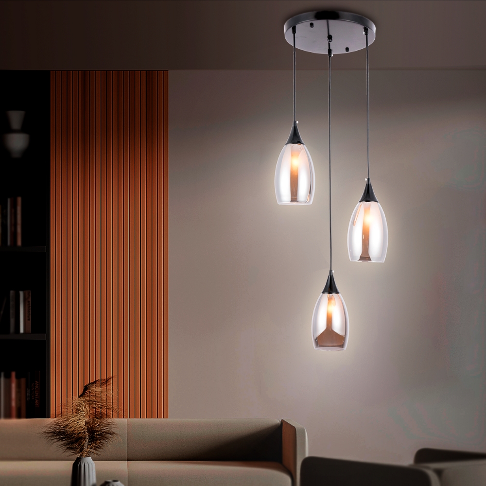 3-piece Black Smoke Glass Modern Pendant Lamp