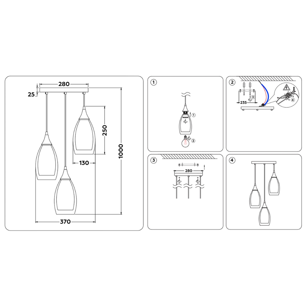 3-piece Black Smoke Glass Modern Pendant Lamp