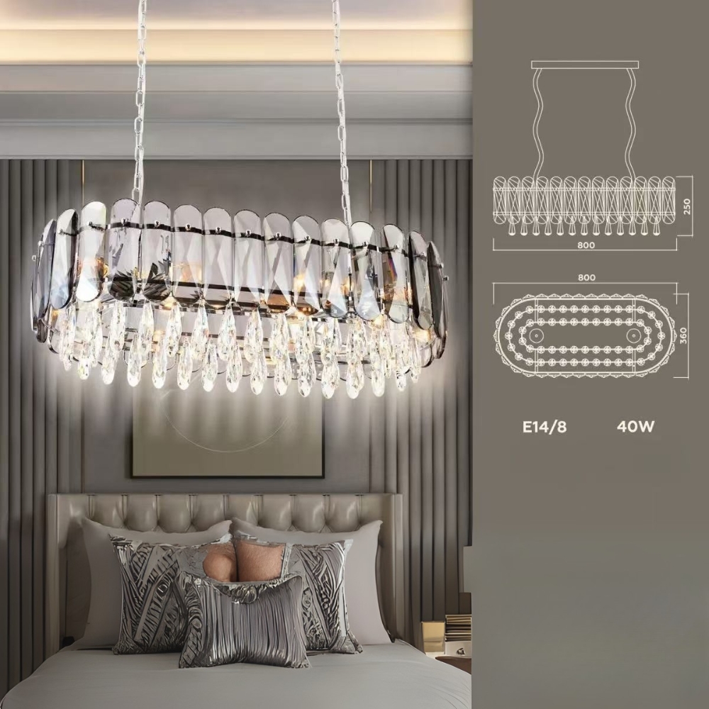 Crystal Luxury Oval Chandelier Light Smoky Chrome
