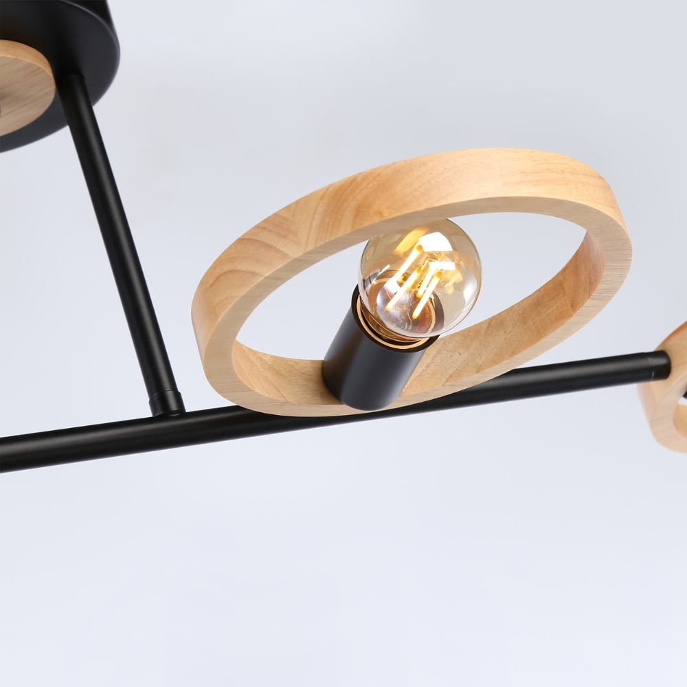 Nordic 4-Light Black & Wood Ring Ceiling Light