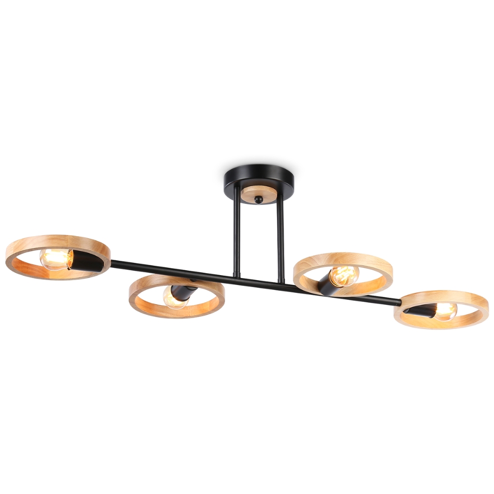 Nordic 4-Light Black & Wood Ring Ceiling Light