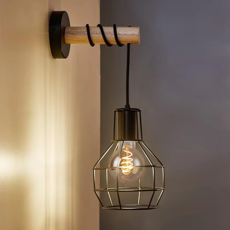 Vintage Metal Wire Cage Cylindrical Wood Wall Light - Image 8
