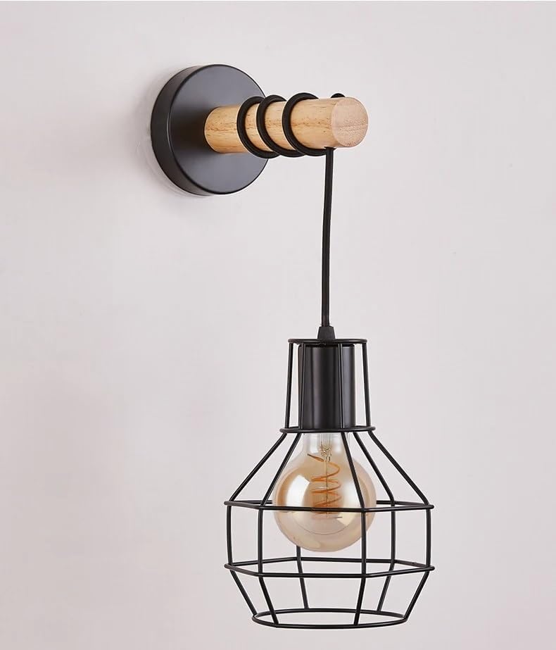 Vintage Metal Wire Cage Cylindrical Wood Wall Light - Image 5