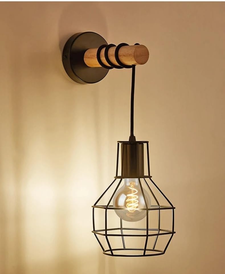 Vintage Metal Wire Cage Cylindrical Wood Wall Light - Image 7