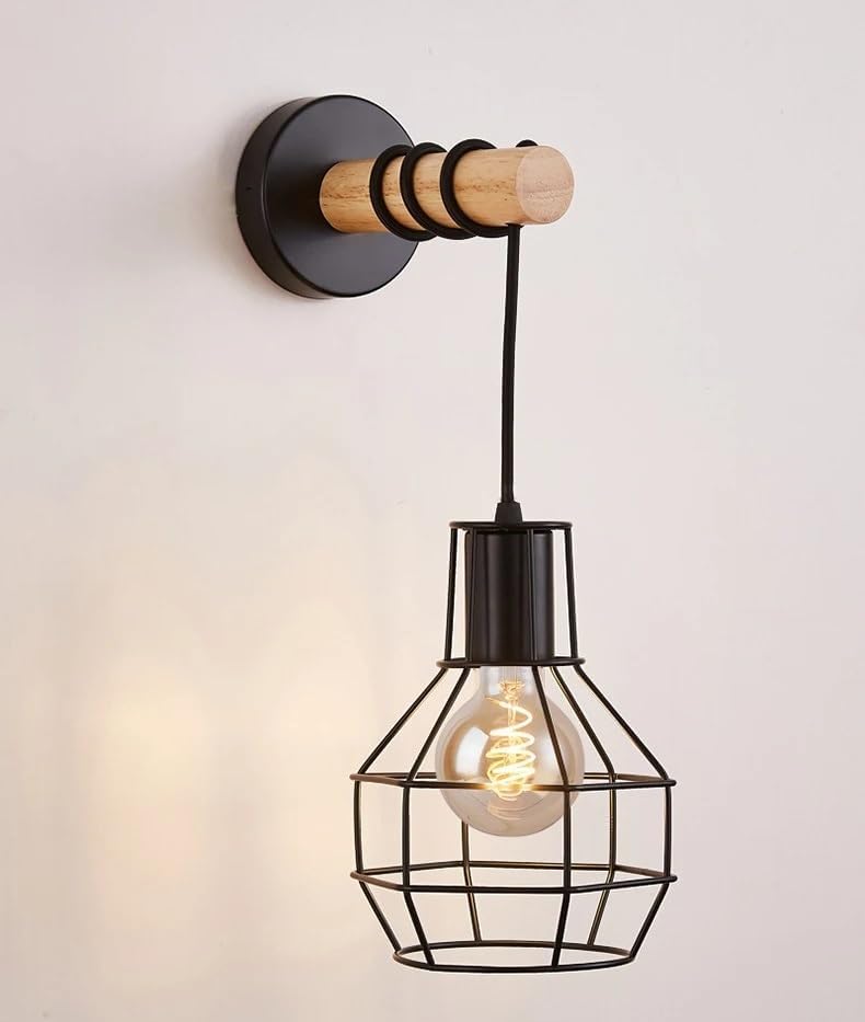 Vintage Metal Wire Cage Cylindrical Wood Wall Light - Image 6