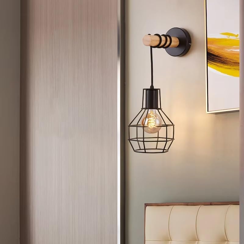 Vintage Metal Wire Cage Cylindrical Wood Wall Light - Image 9