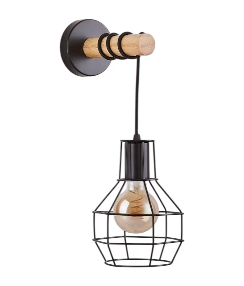 Vintage Metal Wire Cage Cylindrical Wood Wall Light
