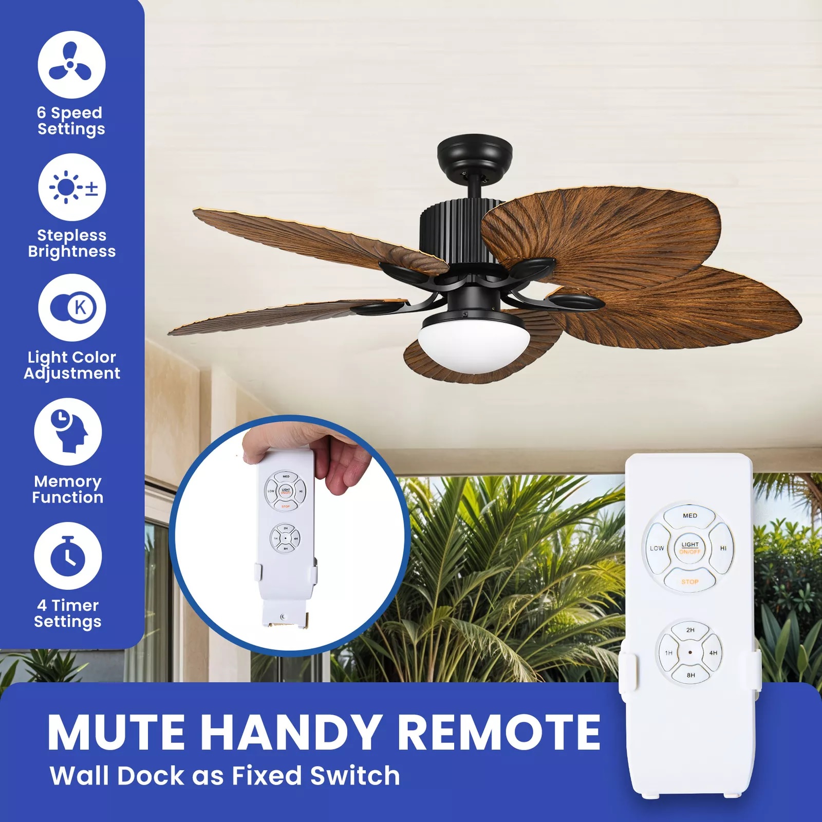 52" Palm Tropical Remote Control Brown Ceiling Fan - Image 6