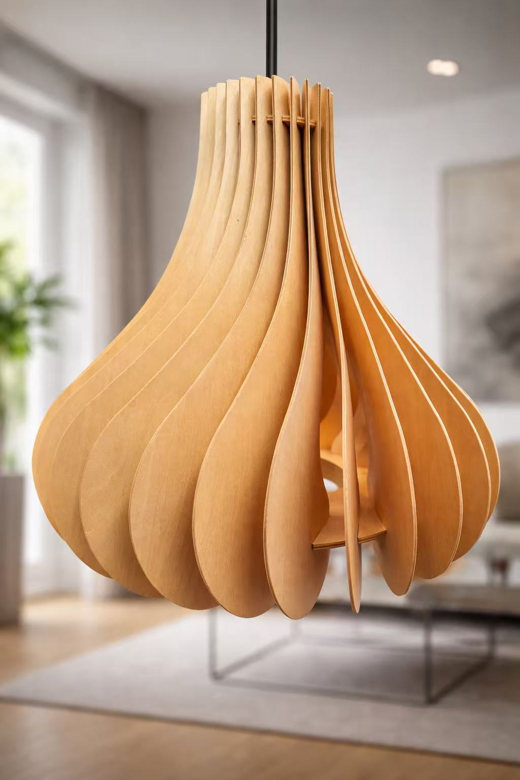 Modern Wooden Ripple Pendant Light – E27 Dining Lamp - Image 3