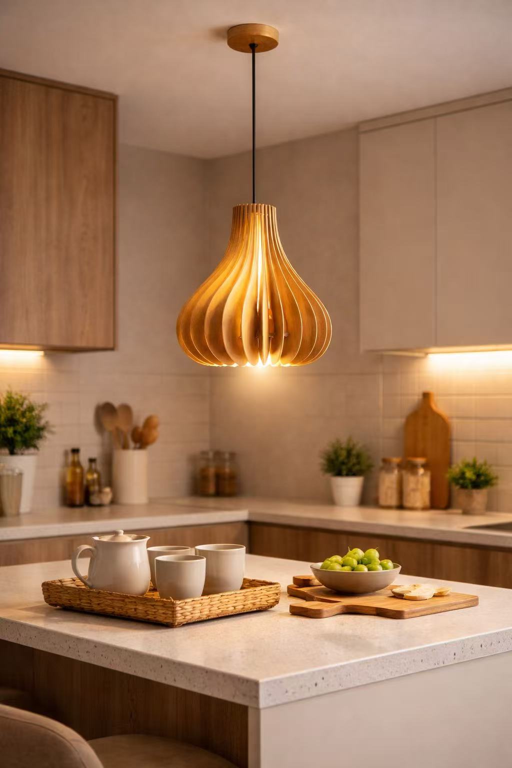 Modern Wooden Ripple Pendant Light – E27 Dining Lamp - Image 5