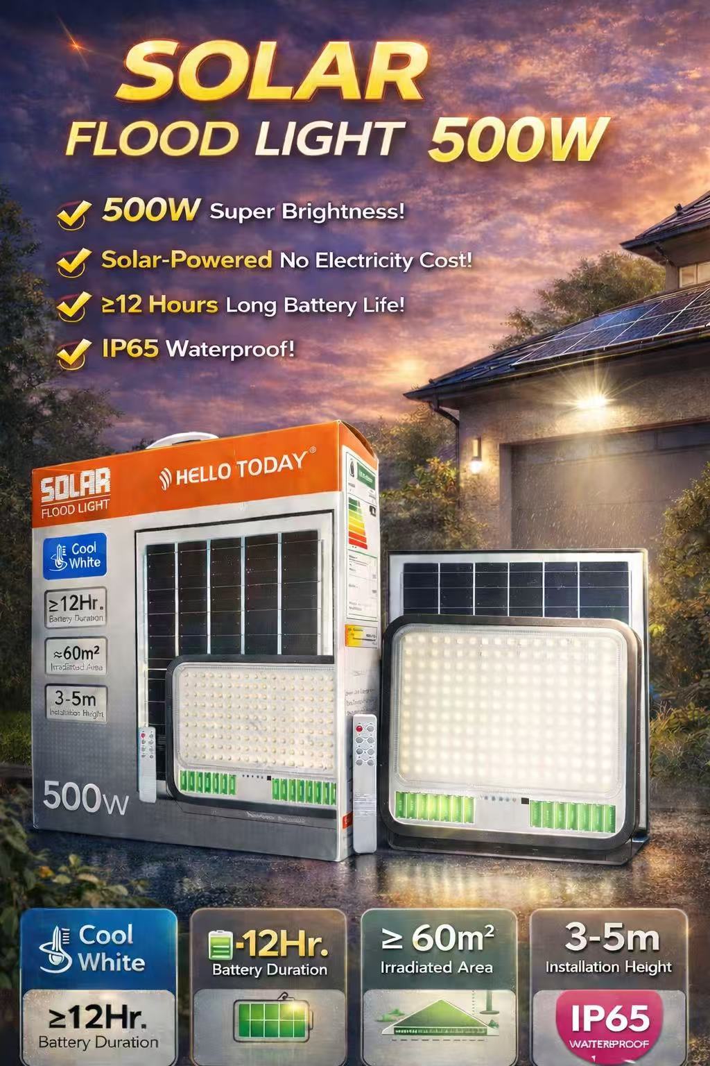 Hello Solar Light Hello Today UltraBright 500W Solar LED Flood Light with Remote Control ...