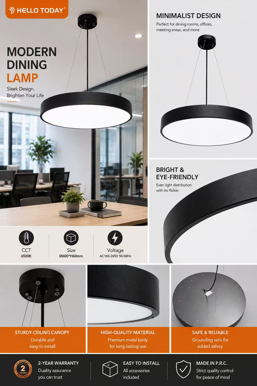 Modern LED Dining Pendant Lamp 48W Black Ø600mm - Image 5